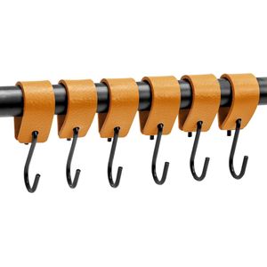 Brute Strength - Leren S-haak hangers - Okergeel - 6 stuks - 12,5 x 2,5 cm – Zwart zilver – Leer - handdoekhaakjes - Ophanghaken – kapstokhaak