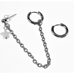 Driedelige Oorbellen Dames - Roestvrij staal - ∅15mm Oorringen - Ball Earring met Ketting - Witte Schelp Ster Hanger