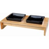 Trixie Set Voerbak Waterbak - Keramiek Met Houten Onderstel - Zwart - 400 ML 36X19X7 CM