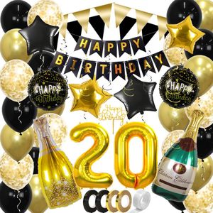 20 Jaar Feest Verjaardag Versiering Confetti Helium Ballonnen Slingers Happy Birthday Goud & Zwart Decoratie – 60 Stuks