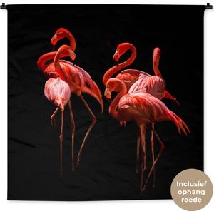 Wandkleed Dieren - Groep flamingo's op een zwarte achtergrond Wandkleed katoen 150x150 cm - Wandtapijt met foto