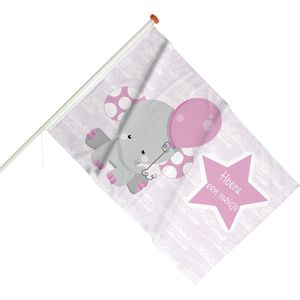 Geboortevlag Olifantje met ballon roze | Vlaggen | Hoera een meisje | Geboortebord voor buiten in de tuin | Geboorte meisje