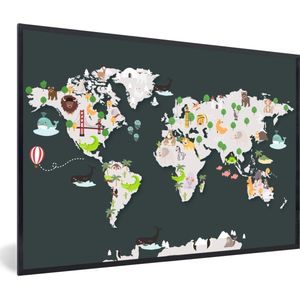 Fotolijst incl. Poster - Wereldkaart - Dieren - Grijs - 60x40 cm - Posterlijst