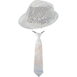 Toppers in concert - Carnaval verkleed set - hoedje en stropdas - zilver - volwassenen - glitters