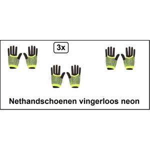 3x Paar nethandschoenen vingerloos neon geel - Festival thema feest disco neon verjaardag verkleed feest