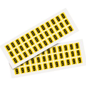 Set cijfer stickers 0-9 - zelfklevende folie - 20 kaarten - geel zwart teksthoogte 15 mm