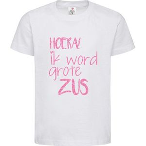 Shirt Aankondiging zwangerschap Hoera, Ik word grote zus | korte mouw | Wit/Roze GLITTER | maat 134/140 zwangerschap aankondiging bekendmaking Baby big sis sister Grote Zus