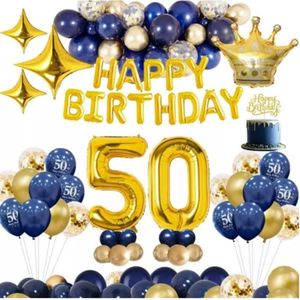 50 jaar feestpakket Blauw / Goud 50-delig - 50 jaar verjaardag - 50 jaar verjaardag versiering - 50 jaar slingers - 50 jaar ballonnen - Feestversiering voor man & vrouw Blauw / Goud  - 50 jaar verjaardag man / vrouw - 50 jaar versiering