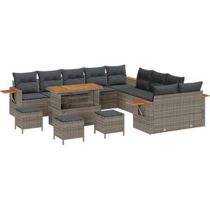 vidaXL - 14-delige - Ligbed - Set - met - Kussens - Grijs - Poly - Rattan - Acacia