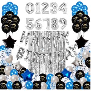zilver/blauw feestpakket 16, 18, 21, 30, 40, 50, 60, 70, 80 & 90 jaar verjaardag 96 stuks - Verjaardag versiering voor man & vrouw - 30 jaar verjaardag versiering - Verjaardag decoratie, slingers, ballonnen, helium folie ballonnen