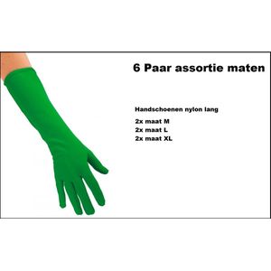 6x Paar Handschoenen nylon lang groen assortie maten M, L en XL - Themafeest | Sinterklaas | Piet | Sint | Pieten | Handschoen