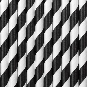 Partydeco Drinkrietjes - papier - 30x - zwart/wit strepen - 19,5 cm - rietjes