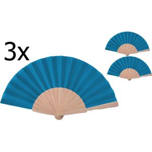 Handwaaier - 3 stuks - Licht Blauw - Festival Waaier - Spaanse Waaier - Chinese Waaier - Hout - 41 x 22 cm - Handventilator - Handwaaiers - Burlesque