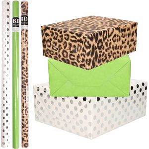 9x Rollen kraft inpakpapier/folie pakket - panterprint/groen/wit met zilveren stippen 200 x 70 cm - dierenprint papier