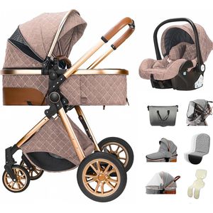 Stellar Luxe Multifunctionele 3-in-1 Combi Kinderwagen – Kwalitatieve Buggy - Kinderwagen 3 In 1 – Opklapbare Wandelwagen - Wandelwagen – Khaki – Incl. Autostoel