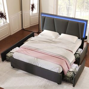 Sweiko Gestoffeerd bed met LED verlichting en 4-laden, 140x200cm, in hoogte verstelbaar hoofdeinde, eenpersoonsbed Opbergbedden Bed frame, Houten lattenbod, Grijs (Zonder matras)