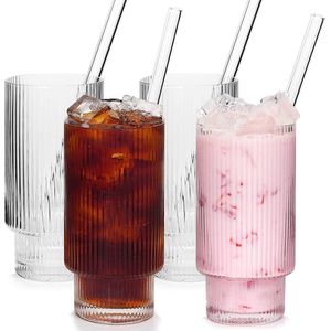 GLASWERKSET 4 stuks 300 ml geribbelde glazen bekers met glazen rietje geribbeld sapglas gecanneleerd glaswerk geribbelde drinkglazen voor Margaritas Whiskey Smoothie ijs bier cadeau