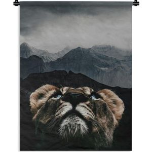 Wandkleed TijgerKerst illustraties - Tijger kijkt omhoog met bergen op de achtergrond Wandkleed katoen 60x80 cm - Wandtapijt met foto