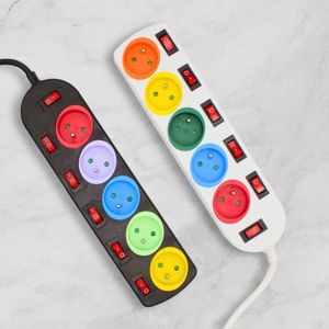Stekkerdoos Kleur - Schakelaar Voor Elke Uitgang + 5 Stickers - Energiebesparend - 220-240 V - 50Hz - Stroomsterkte 16A Maxi - Kabellengte 150cm - NF-Normen - Zwart En Wit