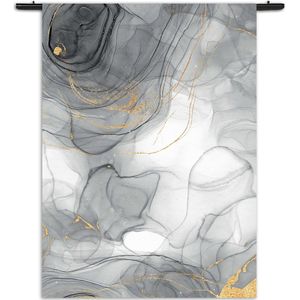 Velours Wandkleed Abstract Marmer Look Grijs met Goud 01 Rechthoek Verticaal XL (210 X 150 CM) - Wandkleden - Met roedes