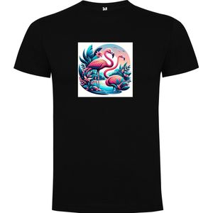 Zwart T-Shirt met “Kleurrijke Flamingo's in groep – Tropen – Vogels “ Print Full Color Maat 2XL