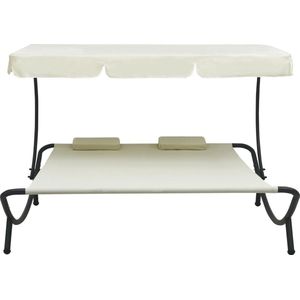 vidaXL Loungebed met luifel en kussens crèmewit Dubbel Ligbed - Lounge Bed - Tuinset - Tuinmeubel - Outdoor Furniture