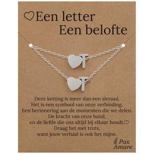 Letter T ketting + armband set op Cadeau Kaartje - Een letter, een belofte - Zilverkleurig Stainless Steel - Initiaal & Hartje Hanger - Pax Amare