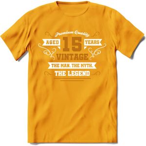15 Jaar Legend T-Shirt | Goud - Wit | Grappig Verjaardag en Feest Cadeau Shirt | Dames - Heren - Unisex | Tshirt Kleding Kado | - Geel - XXL