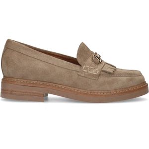 Manfield - Dames - Beige suède loafers met goudkleurig detail - Maat 42