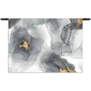 Velours Wandkleed Abstract Marmer Look Grijs met Goud 04 Rechthoek Horizontaal XXL (130 X 180 CM) - Wandkleden - Met roedes