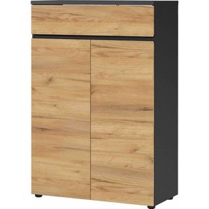 Lage dichte kantoorkast RIO Eiken - Grafiet - Breedte 80 cm - Hoogte 120 cm - Diepte 40 cm - Met lades - Met planken - Met openslaande deuren