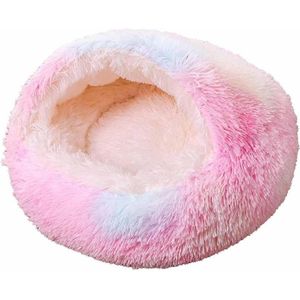 Huisdierbed, rond, half verpakt, kattenbed en hondenbed, wollig, 2-in-1 pluche, zacht kattenkussen, wasbaar, hondenkussen met antislip bodem, voor katten, kleine honden, 50 cm, regenboog - Pluche Semi-Gesloten Hondenmand