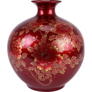 Fine Asianliving Chinese Vaas Porselein Rood Goud Pioenen Handgemaakt - Aurore D25xH30cm