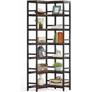 Hoekkast - Boekenkast - Hoekrek - Woonkamer - Slaapkamer - 78.74” - 7-Tier Hoog Ontwerp - L-vormige Ruimtebesparende Planken – Stevig Metalen Frame & MDF - Industriële Hoekboekenkast - Chocolade