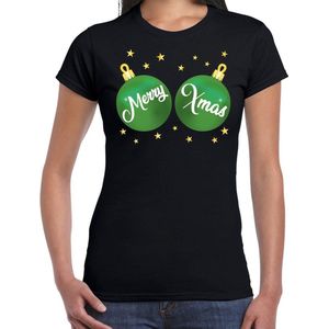 Fout kerst t-shirt zwart met groene merry Xmas ballen borsten voor dames - kerstkleding / christmas outfit XS