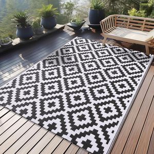 Weerbestendig outdoor tapijt - geschikt voor balkon en terras - 120 x 180 cm - zwart en wit - kunststof
