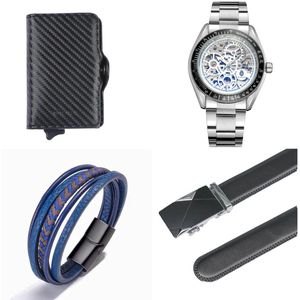 Luxe Accessoires Set van Benssens - Skeleton Horloge Florence, Zwarte Kaarthouder, Lederen Riem, Armband en Giftbox