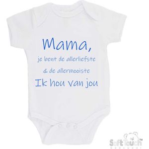 100% katoenen Romper ""Mama, je bent de allerliefste & de allermooiste. Ik hou van jou"" Jongens Katoen Wit/blauw Maat 56/62