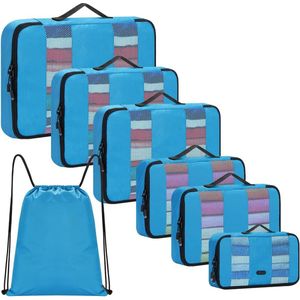 Koffer Organizer Set 7 Stuks (1S+2M+2L+1XL+1Rugzak) Packing Cubes met waterdichte rugzak Fietstassen Kledingtassen Reisorganisatortas voor het meenemen van bagage en rugzakken (blauw)
