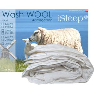 Isleep Wash Wool Dekbed - 4-Seizoenen - 100% Zuiver Scheerwol - Eenpersoons - 140x200 cm - Wasbaar - Met Rits