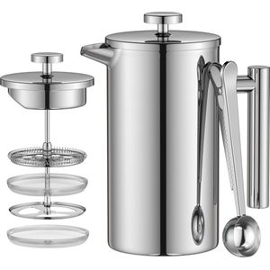 French Press Koffiezetapparaat, 1 liter, French Press met 4-laags filter, extra filter en lepel, roestvrijstalen geïsoleerde French Press voor thuis, reizen en camping, zilver