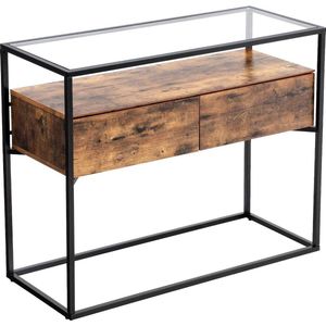 VASAGLE console tafel in industrieel ontwerp, stabiele console glastafel met 2 laden, dressoir, gangtafel, bijzettafel, lounge foyer, vintage bruin-zwart