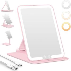 LED Verlichte Opvouwbare Make-up Spiegel - Oplaadbaar - 3 Kleurstanden - Roze