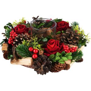 Tafelstuk / bloemstuk / kerststuk rond met 1 waxinelichtje houder met rode rozen - Bruin / groen / rood - 24 x 24 x 9 cm hoog.