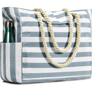 JGS ® Strandtas XXL familie strepen weekender dames badtas waterdichte tas shopper grote zwemtas tote bag met ritssluiting, grijs