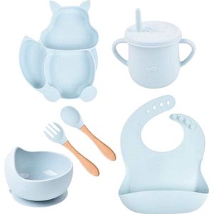 Goodston - Kinderservies set - Blauw - ontbijt set - baby servies - 6delig - kinderbord - siliconen - baby en peuter - Onbreekbaar en zuignap - Kinderservies - cadeau - Eekhoorn bordje