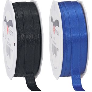 2x rollen satijn sierlint/cadeaulint - zwart en blauw - 1 cm x 25m