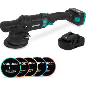 VONROC PRO Excentrische Polijstmachine 20V - Ø 125mm - Brushless motor – 7 snelheden (2000-5000/min) - Soft Start– Complete set incl. 4.0Ah Accu, Snellader en 5 Polijstschijven