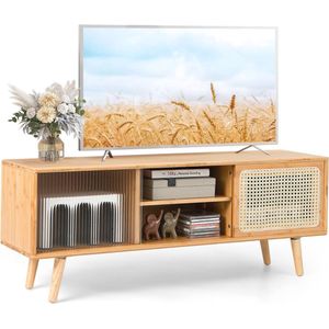 Moderne tv-kast van bamboe met rotan en glazen schuifdeuren - Verstelbare mediameubel voor tv's tot 55 inch