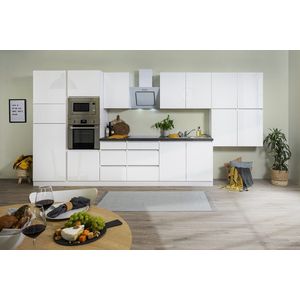 Goedkope keuken 435  cm - complete keuken met apparatuur Lorena  - Wit/Wit - soft close - keramische kookplaat  - afzuigkap - oven - magnetron  - spoelbak